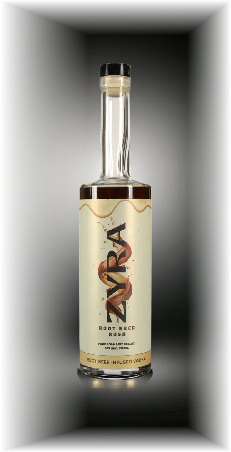 A bottle of Zyra Root Beer Rush all-natural root beer vodka, lit by a warm studio spotlight