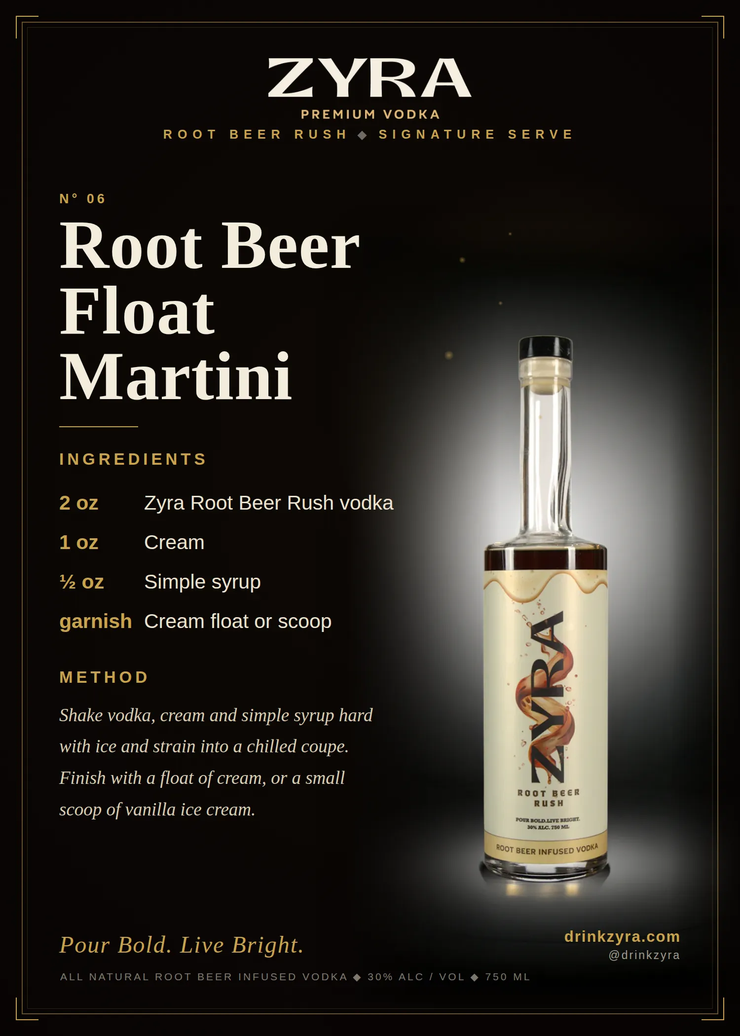 Root Beer Float Martini, made with Zyra Root Beer Rush root beer vodka
